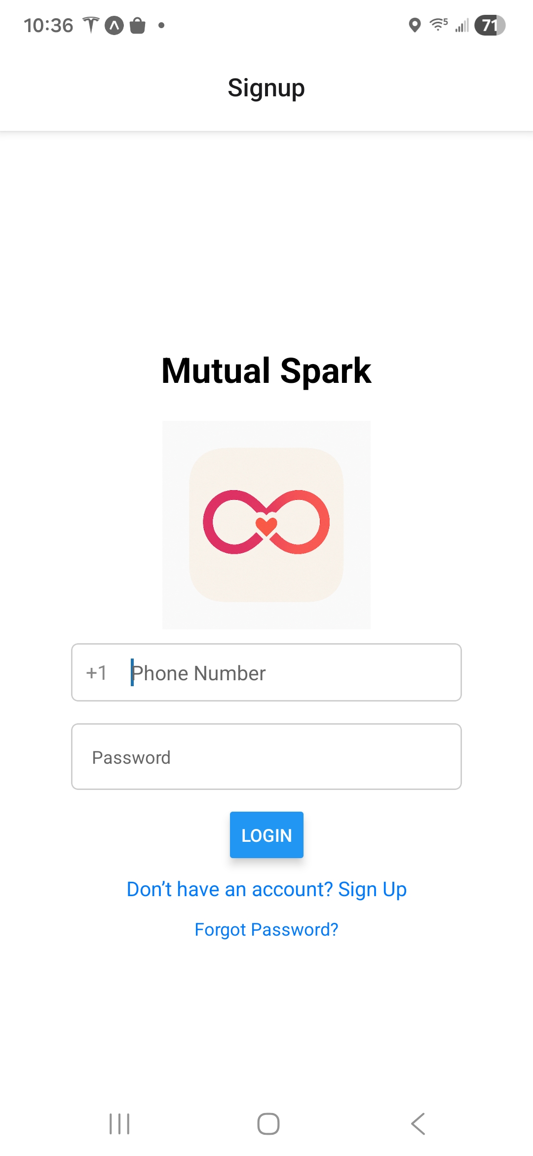 Mutual Spark login screen